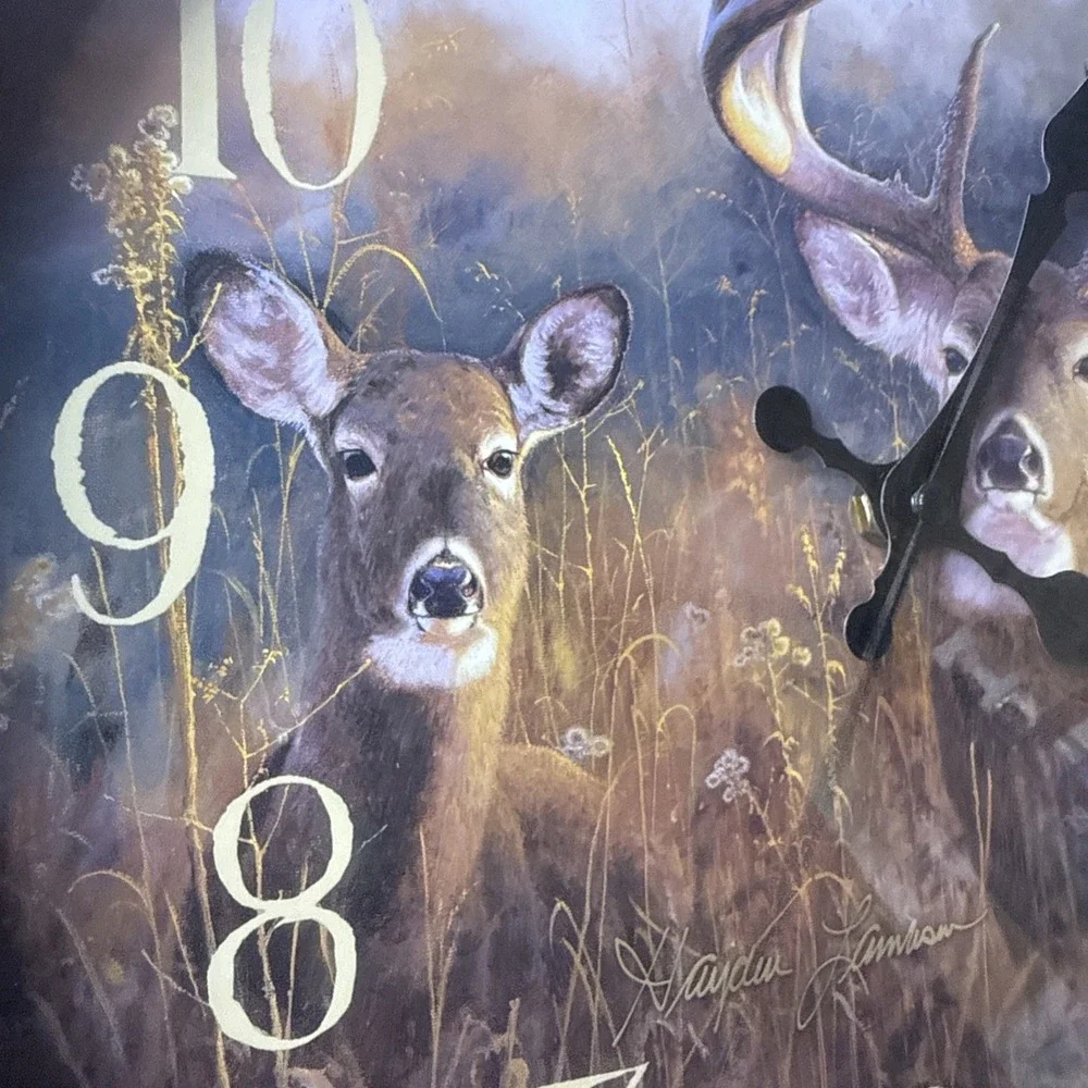 VTG Hayden Lambson Round Deer Wall Clock Buck Doe Hunt Cabin Rustic Lake Farm